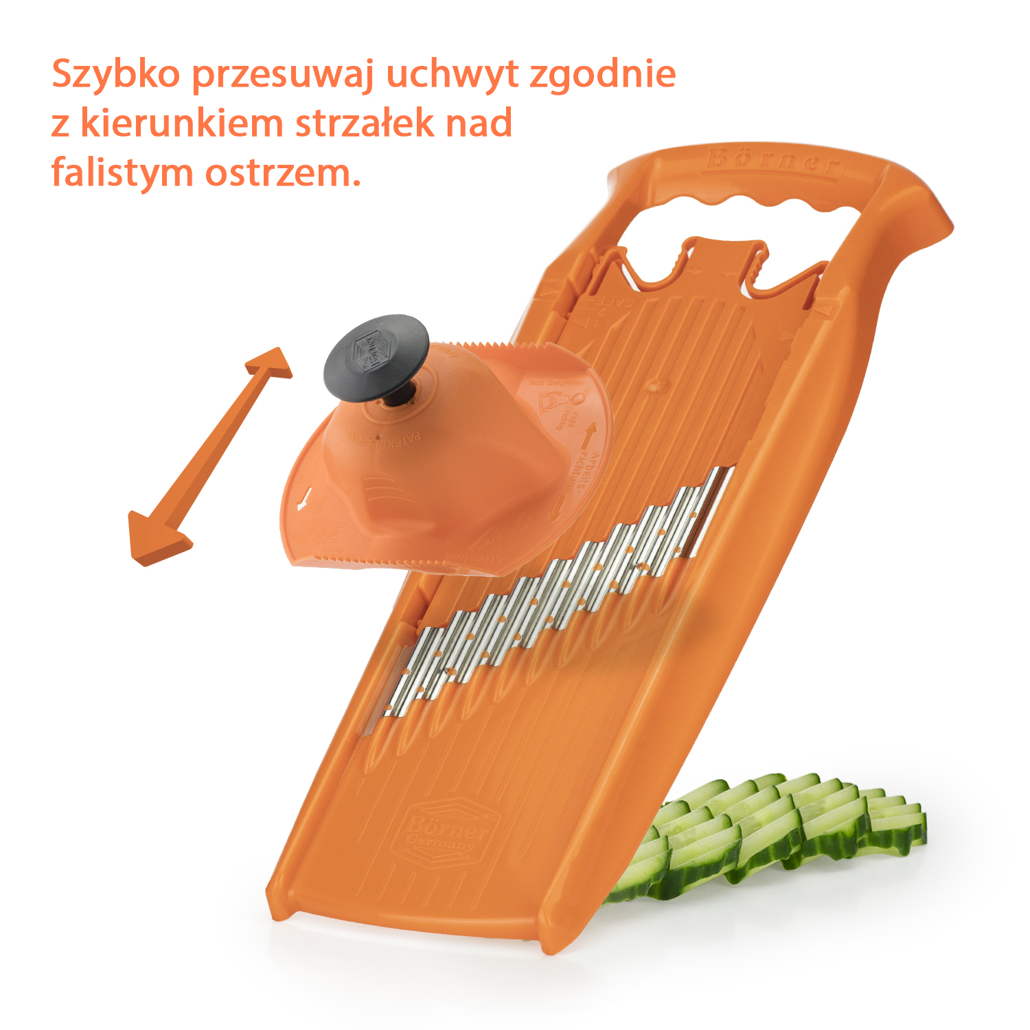Tarka waflowa Börner z instrukcją: przesuwaj uchwyt zgodnie ze strzałkami nad falistym ostrzem