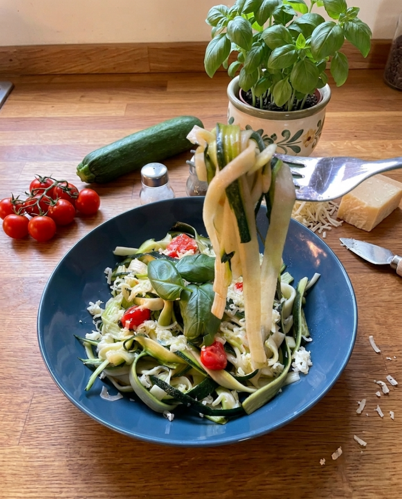 Makaron pappardelle z cukinii posypany parmezanem